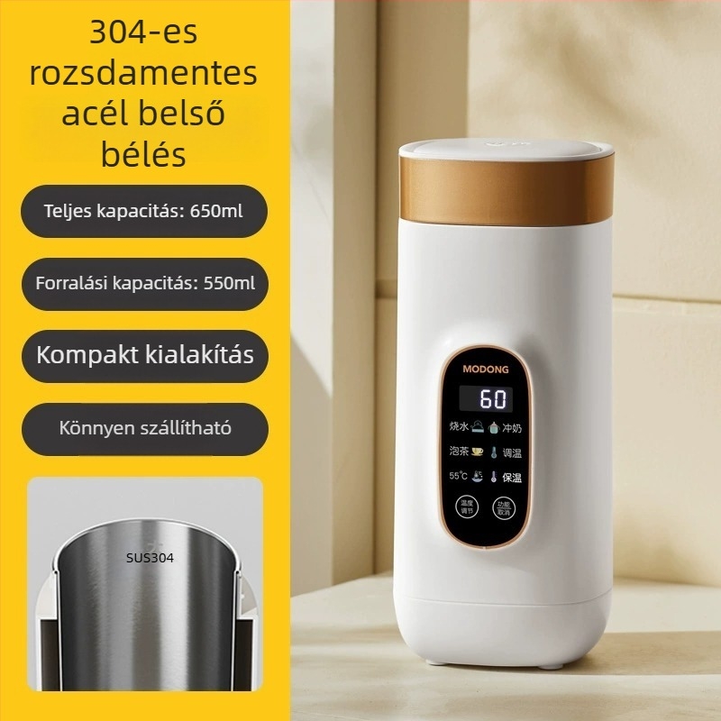 Hordozható mini elektromos vízmelegítő kanna kollégiumba és utazásokhoz, rozsdamentes acélból, hőmérséklet-szabályozással