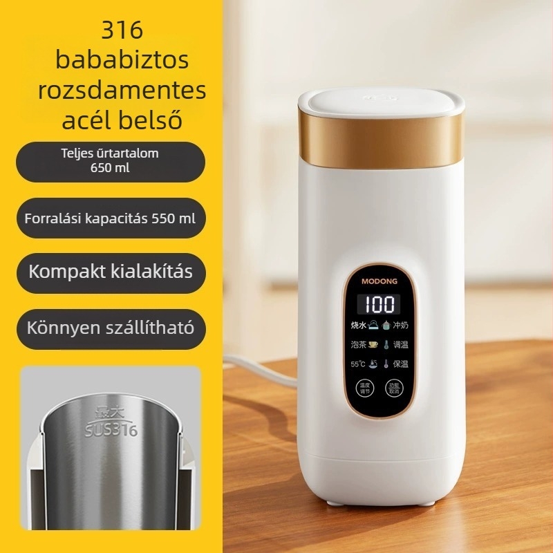 Hordozható mini elektromos vízmelegítő kanna kollégiumba és utazásokhoz, rozsdamentes acélból, hőmérséklet-szabályozással