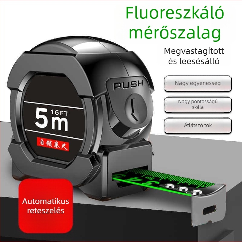 5 m vastagodott, edzett acél mérőszalag háztartási használatra, 3 m tokos változat, 10 m mérőszalag