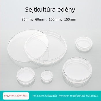 Műanyag sejtkultúra tálcák, egyszer használatos, steril, sík aljzatú, könnyen fogható, méretek: 35 mm, 60 mm, 100 mm, 150 mm