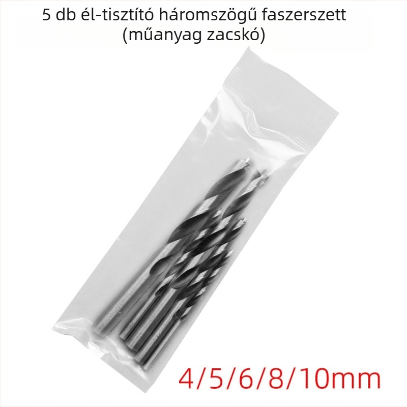 Faipari háromhegyes fúrókészlet, műanyag zacskóban, fúrófejek wolfram acélból elektromos fúróhoz