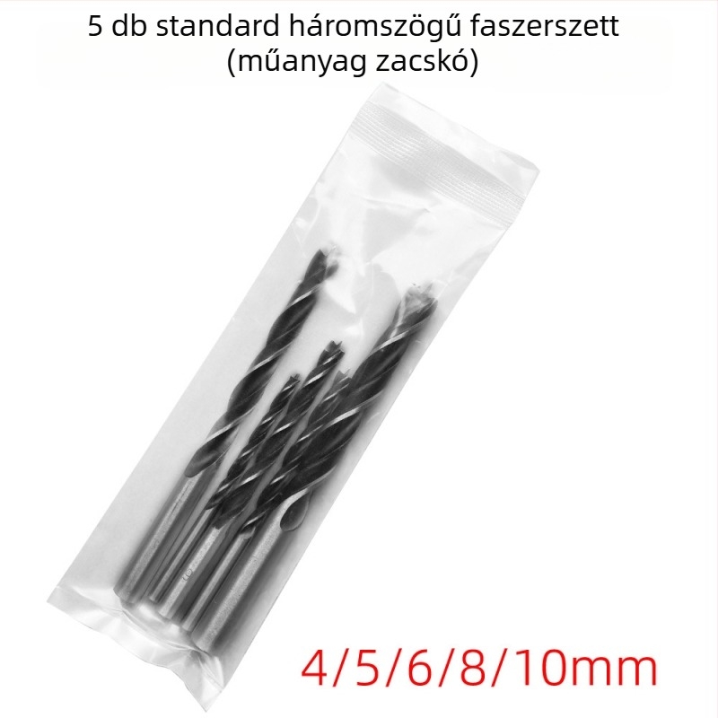 Faipari háromhegyes fúrókészlet, műanyag zacskóban, fúrófejek wolfram acélból elektromos fúróhoz
