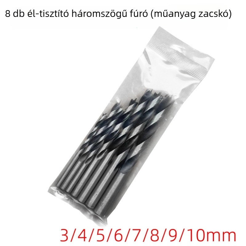 Faipari háromhegyes fúrókészlet, műanyag zacskóban, fúrófejek wolfram acélból elektromos fúróhoz