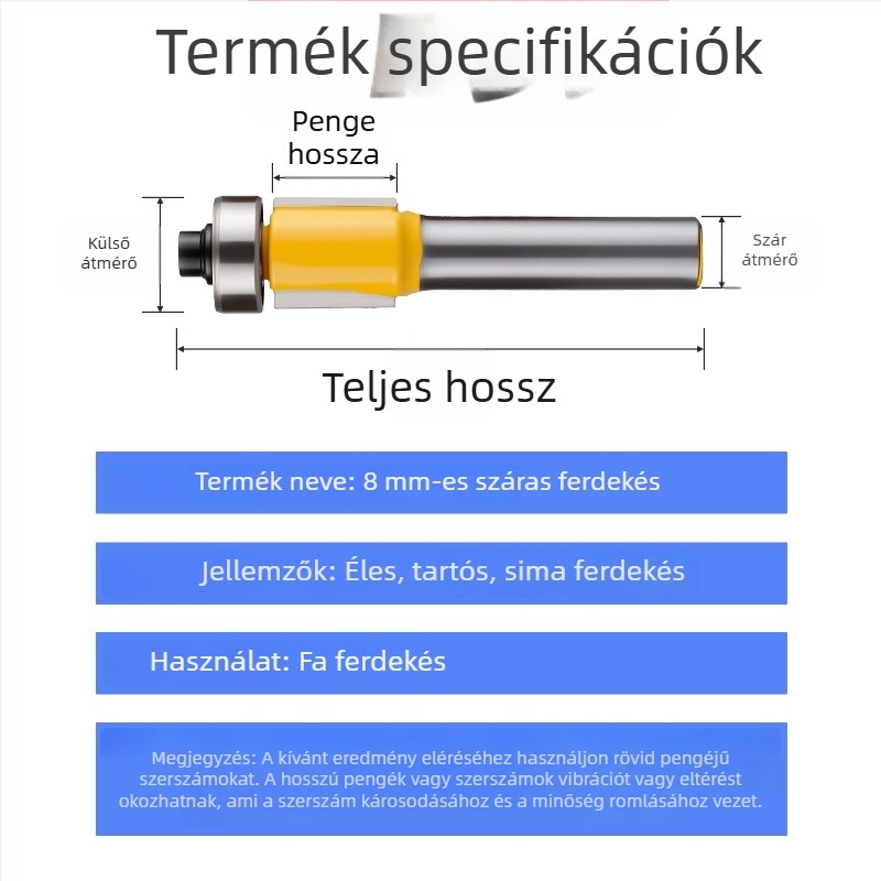 8 mm-es tengelyű vágó kés hosszabb csapággyal – kétélű egyenes marófa faipari felhasználásra, faragóeszköz wolfrám ötvözetből