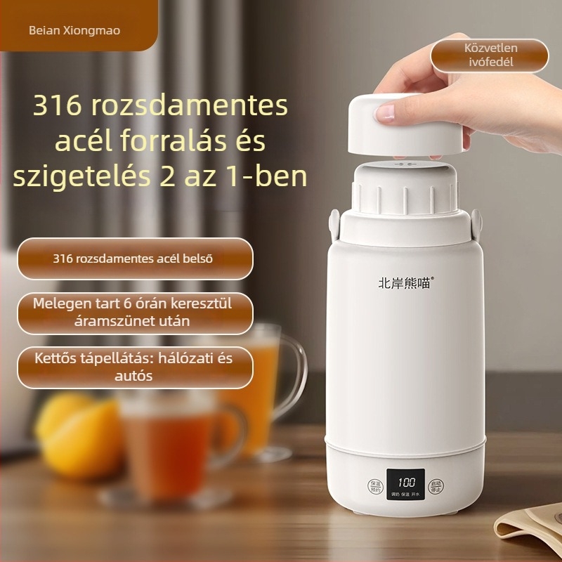 Autó- és otthoni használatra szánt elektromos melegítő pohár, 1 literes kapacitás, 316 rozsdamentes acél belső, 220 V