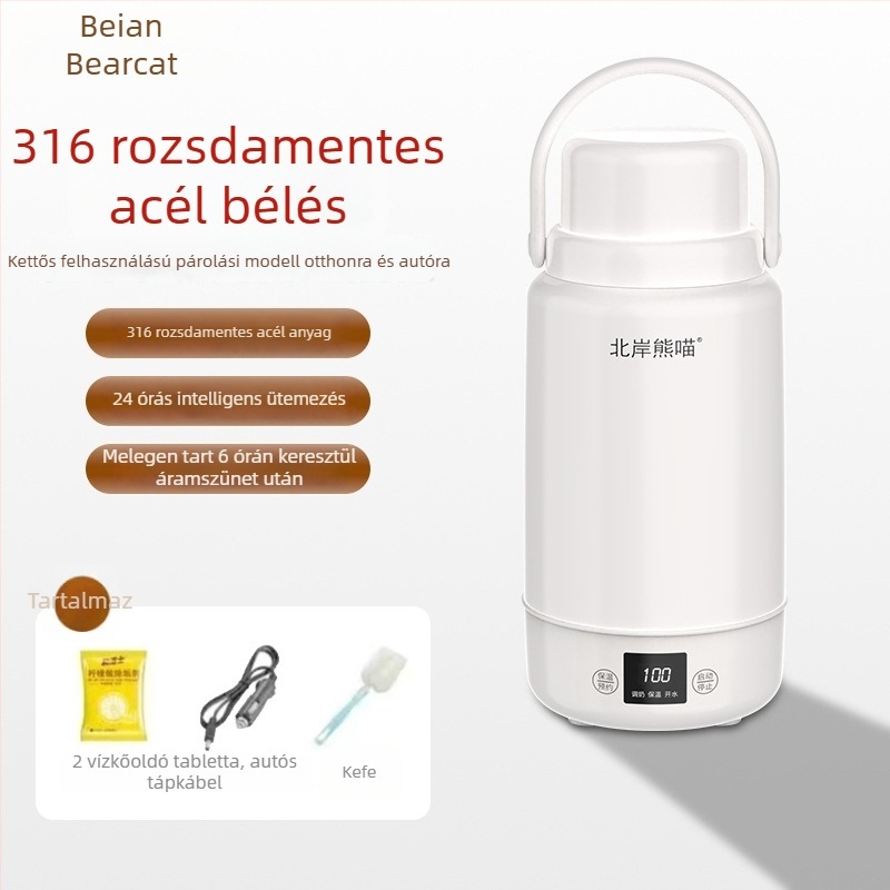 Autó- és otthoni használatra szánt elektromos melegítő pohár, 1 literes kapacitás, 316 rozsdamentes acél belső, 220 V