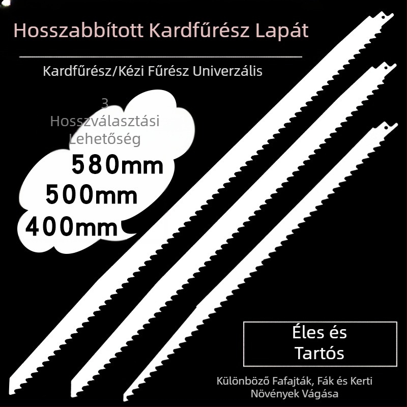Hosszított hosszúságú fűrészlap fához, 400/500/580 mm, durva és finom fogazat.