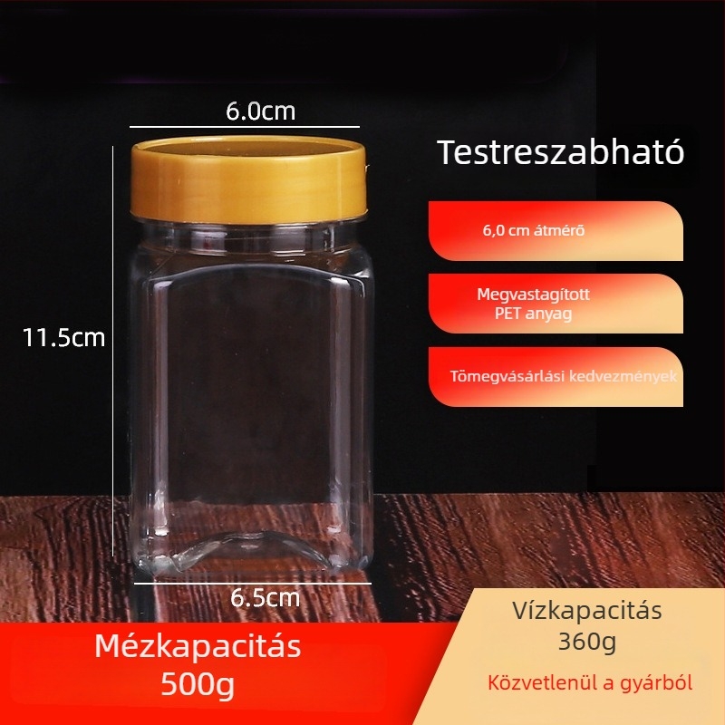 Műanyag tárolóüveg mézhez, magvakhoz, szezámpaszta és savanyúság számára, kapacitás 150-500 ml