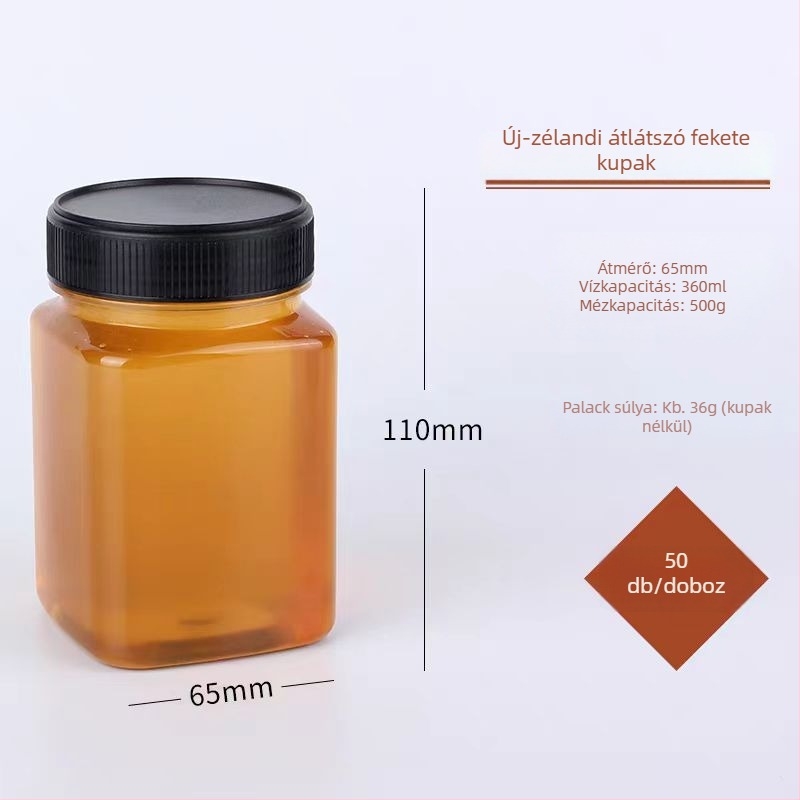Műanyag tárolóüveg mézhez, magvakhoz, szezámpaszta és savanyúság számára, kapacitás 150-500 ml