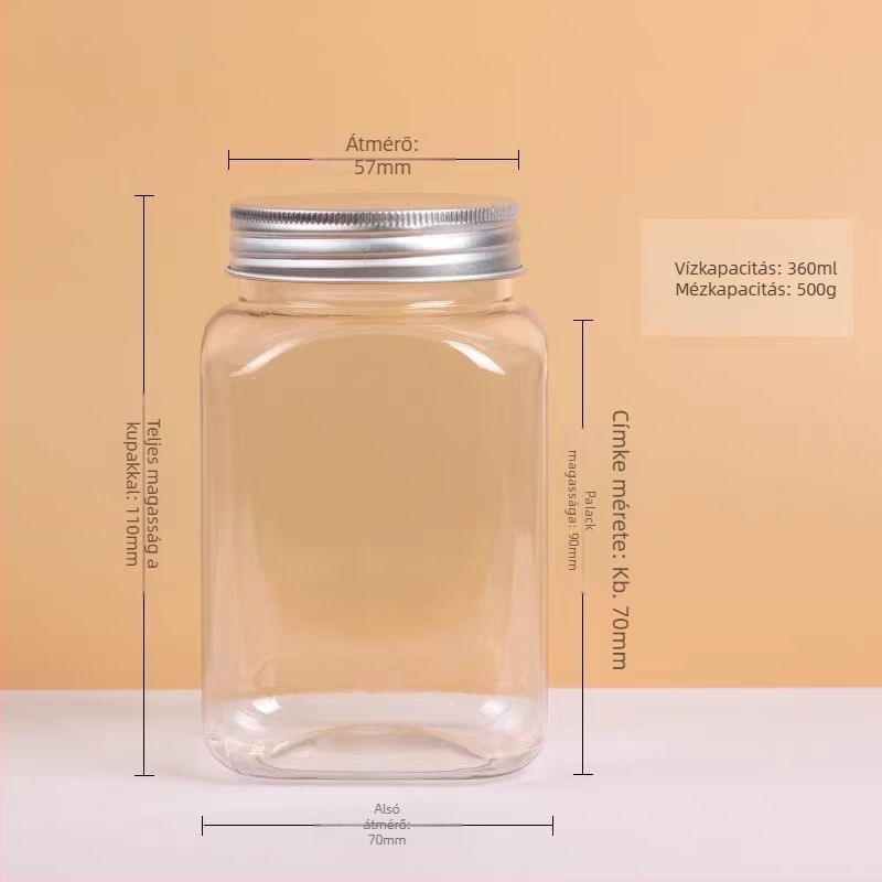 Műanyag tárolóüveg mézhez, magvakhoz, szezámpaszta és savanyúság számára, kapacitás 150-500 ml