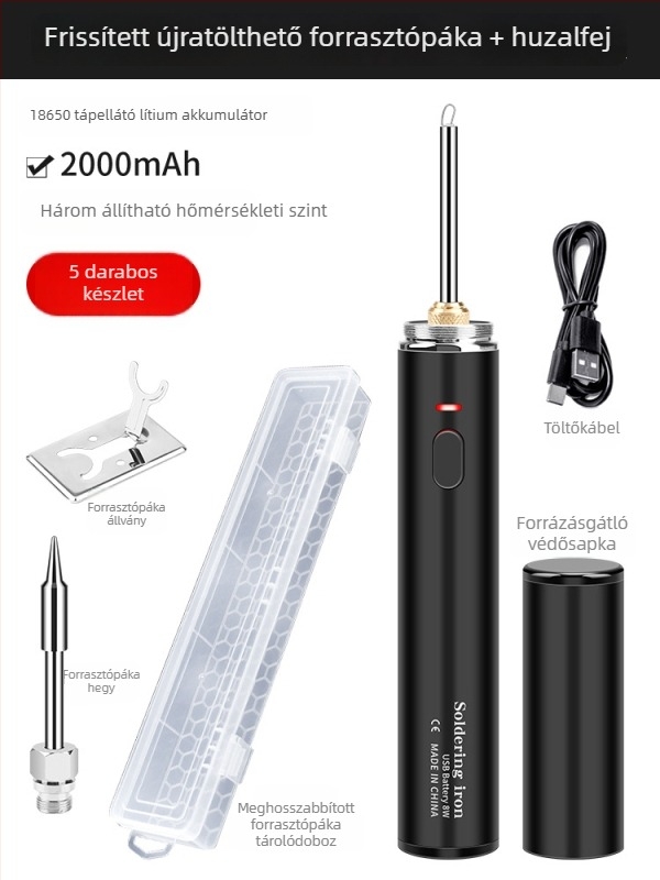 USB-töltésű hordozható forrasztópáka kábelekhez, állítható hőmérséklet, gyors felmelegedés