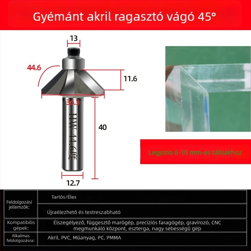 Gyémántos akril maró gravírozáshoz, 45°-os bevel és 44,6° szög