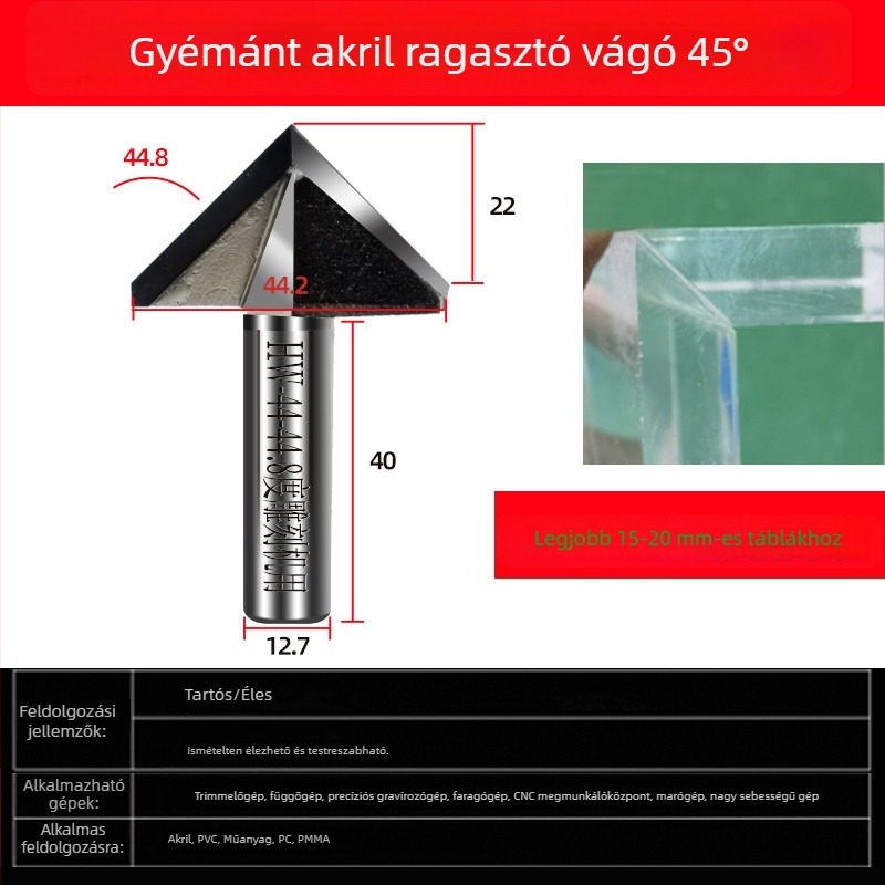 Gyémántos akril maró gravírozáshoz, 45°-os bevel és 44,6° szög