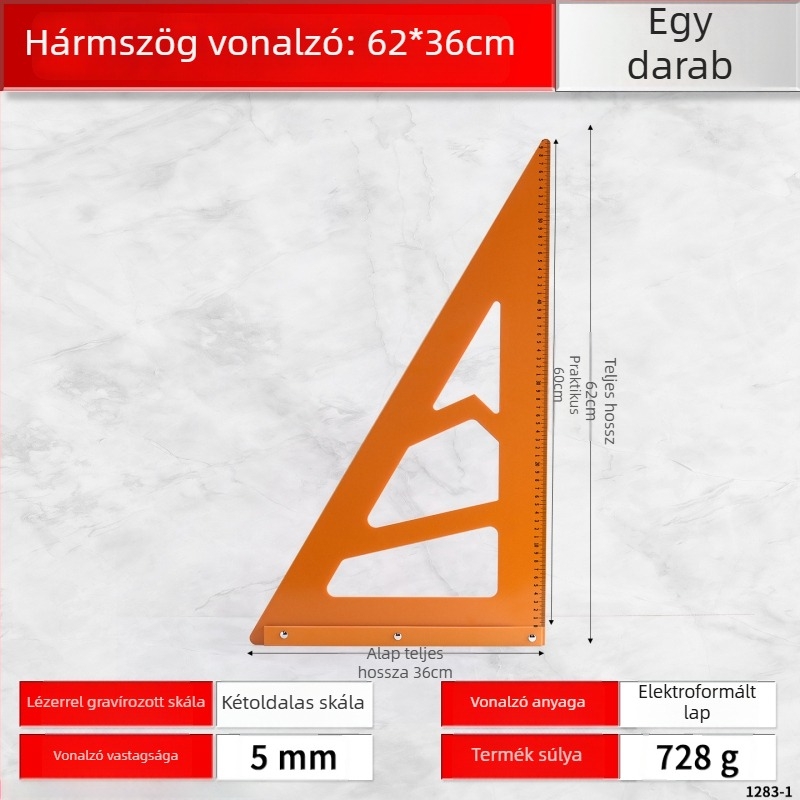 Bakelit faipari háromszögvonalzó, nagy pontosságú szög- és derékszögmérő, nagy háromszöglemez