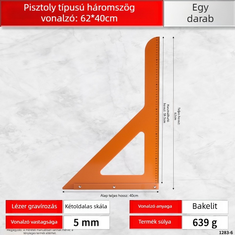 Bakelit faipari háromszögvonalzó, nagy pontosságú szög- és derékszögmérő, nagy háromszöglemez