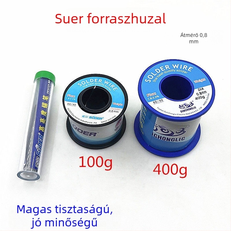 Forrasztódrót 0,8 mm, magas tisztaságú, 400 g, ólommentes, otthoni használatra, alacsony hőmérsékletű forrasztáshoz.