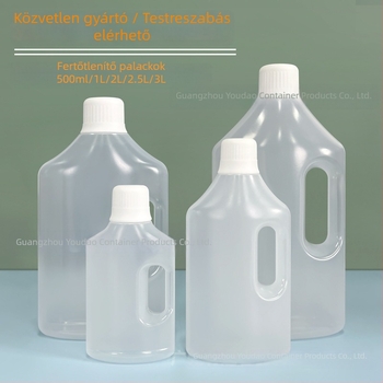 PP fertőtlenítő palack 500 ml–3000 ml, sav- és lúgálló műanyag, csavaros kupakkal, fúvóformázással készült