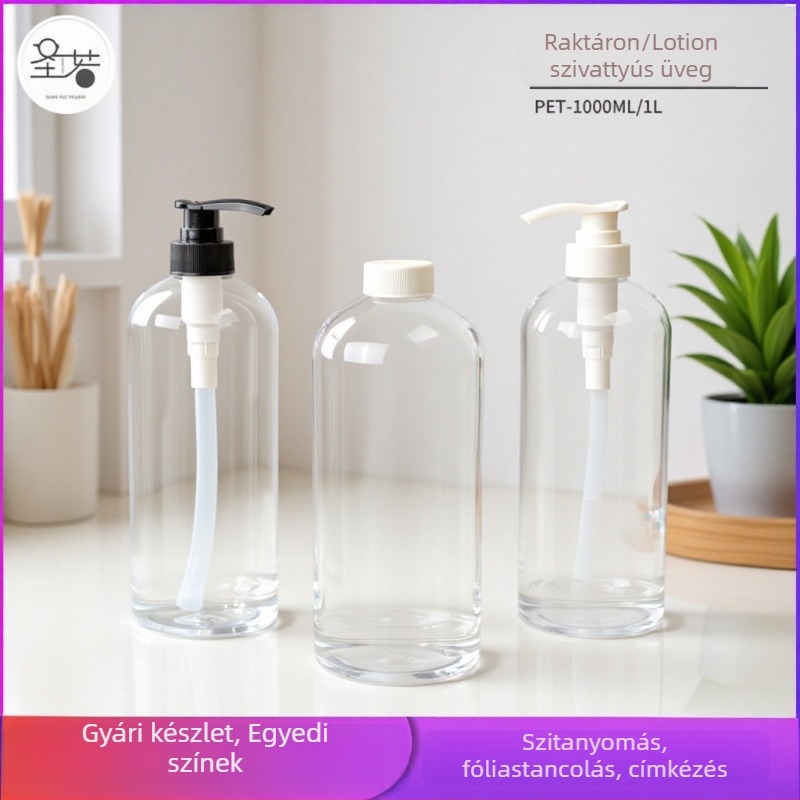 1000 ml kerek vállú pumpás palack, PET, fehér, átlátszó, samponhoz és tusfürdőhöz