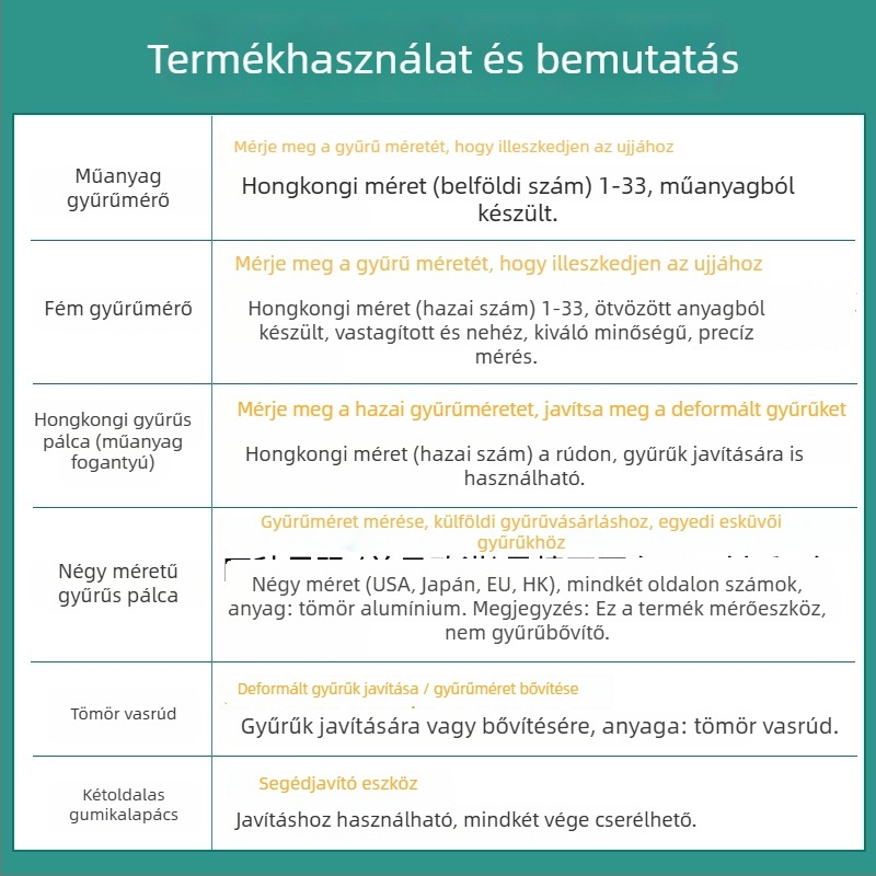 Gyűrűméret-mérő eszköz, ujjmérővel és gyűrűtágító rúddal