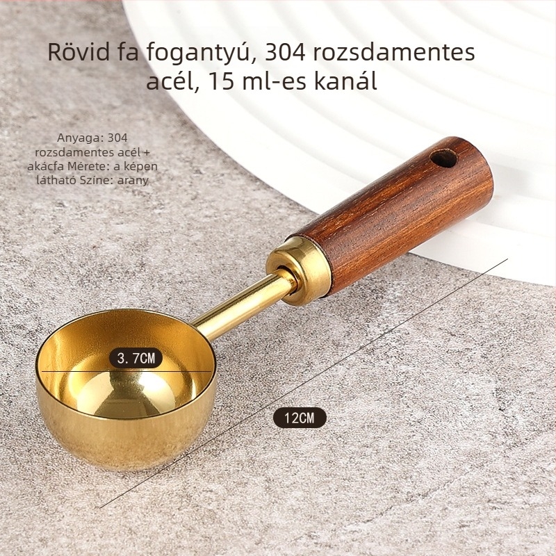 Kávébab mérőkanál hosszú fa markolattal, 304 rozsdamentes acélból, 15 g kapacitás, kifinomult sütési eszköz