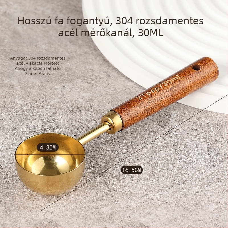 Kávébab mérőkanál hosszú fa markolattal, 304 rozsdamentes acélból, 15 g kapacitás, kifinomult sütési eszköz