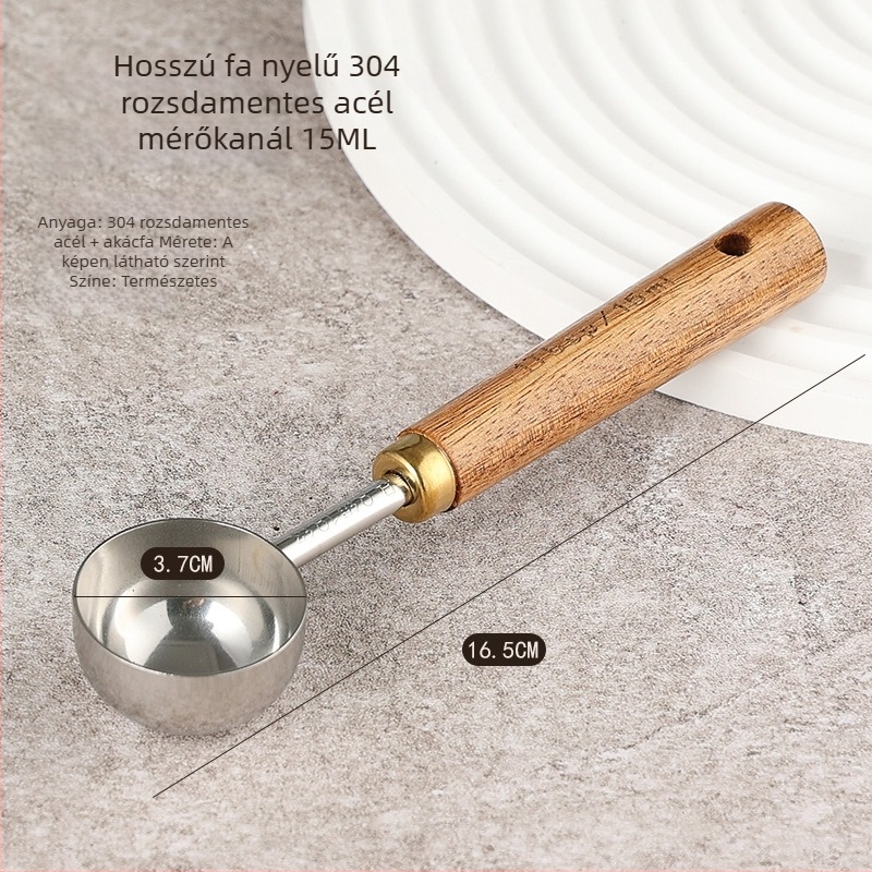 Kávébab mérőkanál hosszú fa markolattal, 304 rozsdamentes acélból, 15 g kapacitás, kifinomult sütési eszköz