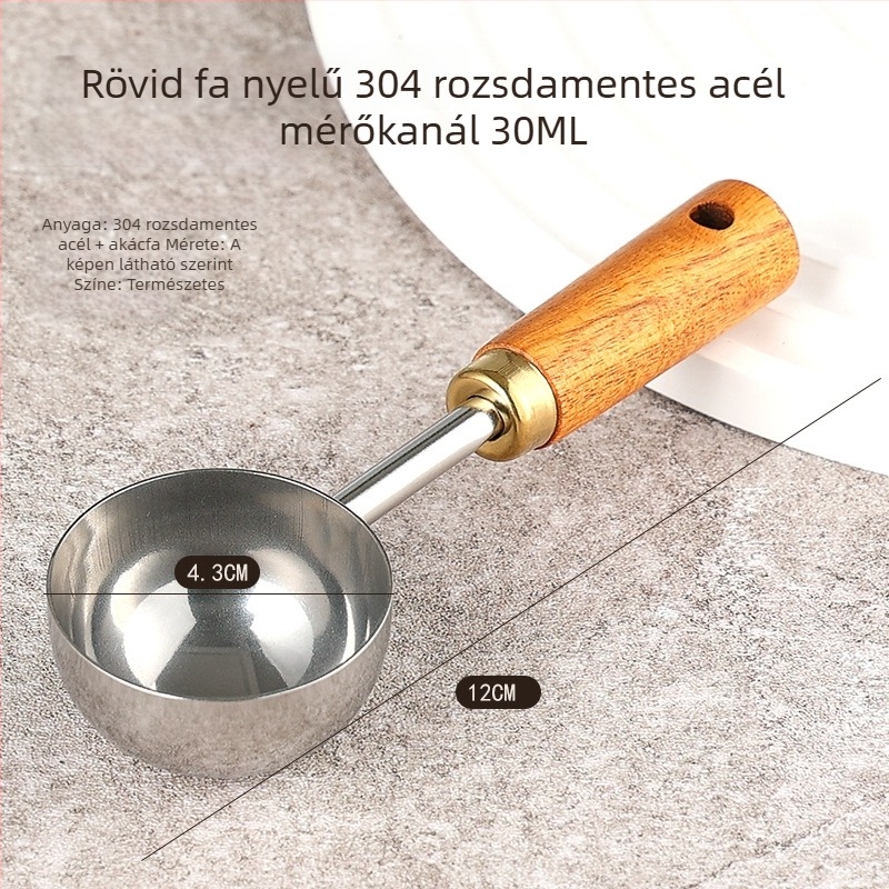 Kávébab mérőkanál hosszú fa markolattal, 304 rozsdamentes acélból, 15 g kapacitás, kifinomult sütési eszköz
