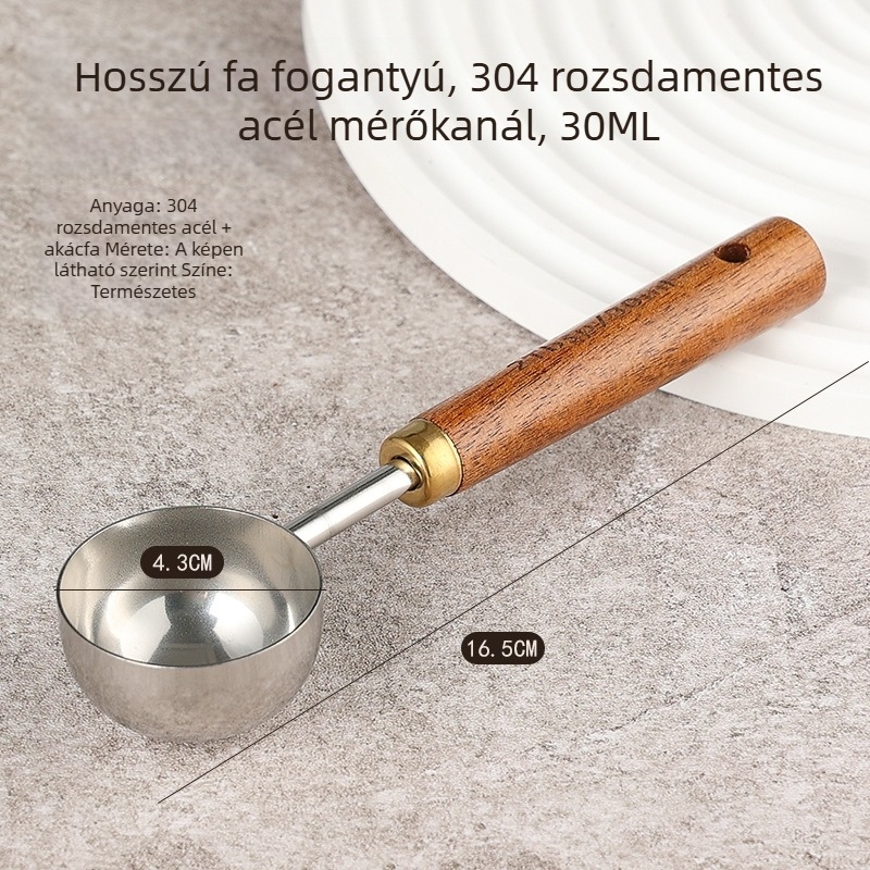 Kávébab mérőkanál hosszú fa markolattal, 304 rozsdamentes acélból, 15 g kapacitás, kifinomult sütési eszköz