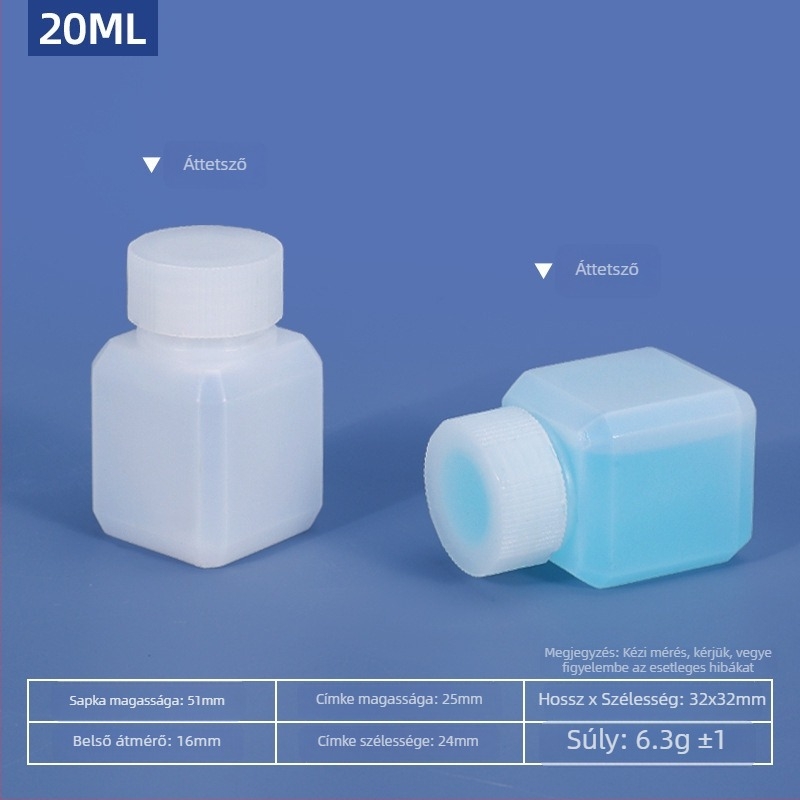 Kocka alakú műanyag palack kis nyakkal, zárható kozmetikai minta csomagolásához, HDPE, kapacitás 20–500 ml