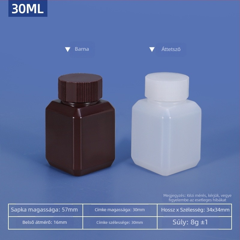 Kocka alakú műanyag palack kis nyakkal, zárható kozmetikai minta csomagolásához, HDPE, kapacitás 20–500 ml