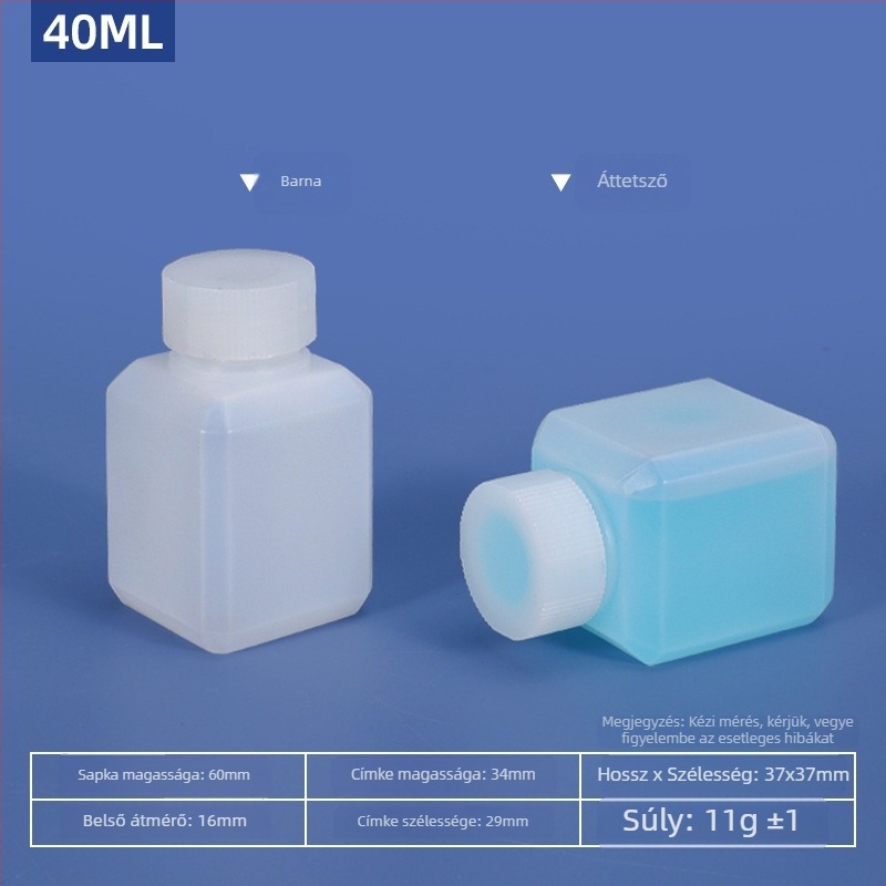 Kocka alakú műanyag palack kis nyakkal, zárható kozmetikai minta csomagolásához, HDPE, kapacitás 20–500 ml