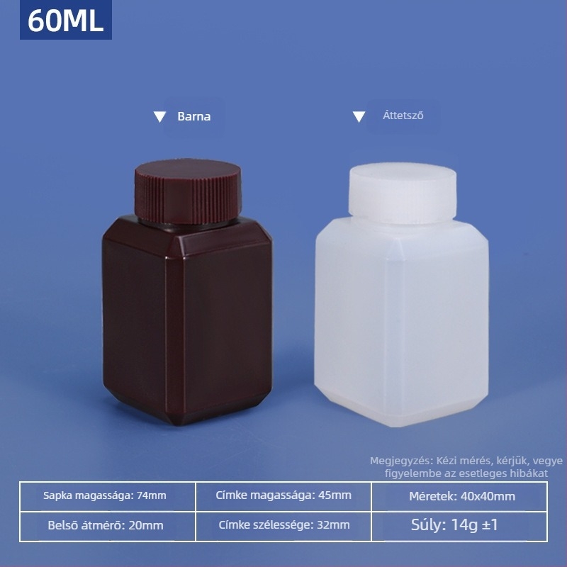 Kocka alakú műanyag palack kis nyakkal, zárható kozmetikai minta csomagolásához, HDPE, kapacitás 20–500 ml