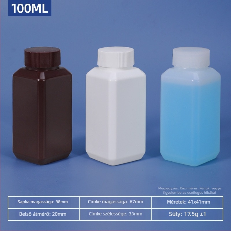 Kocka alakú műanyag palack kis nyakkal, zárható kozmetikai minta csomagolásához, HDPE, kapacitás 20–500 ml