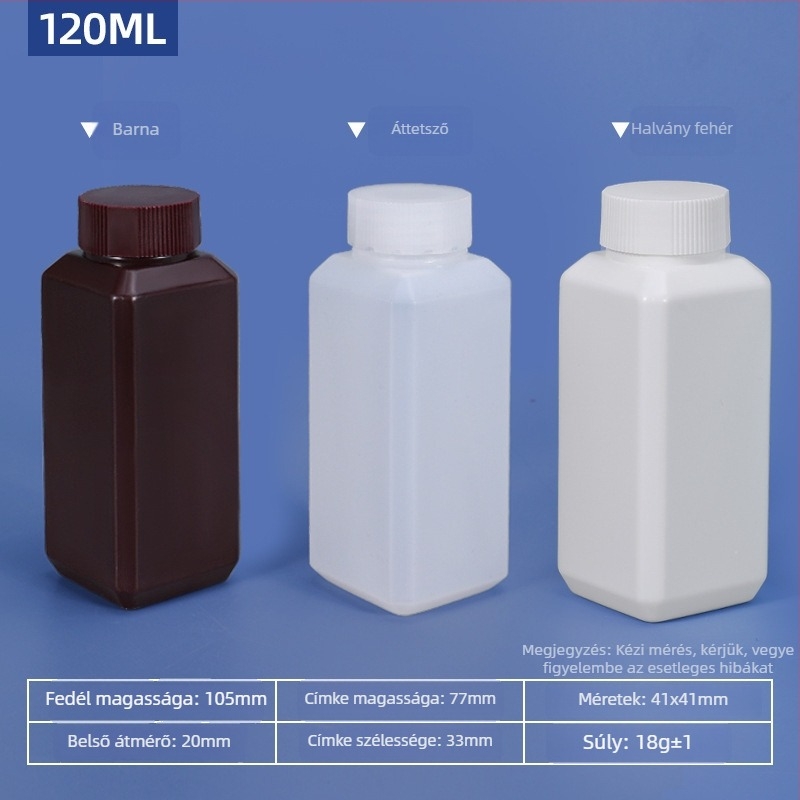 Kocka alakú műanyag palack kis nyakkal, zárható kozmetikai minta csomagolásához, HDPE, kapacitás 20–500 ml