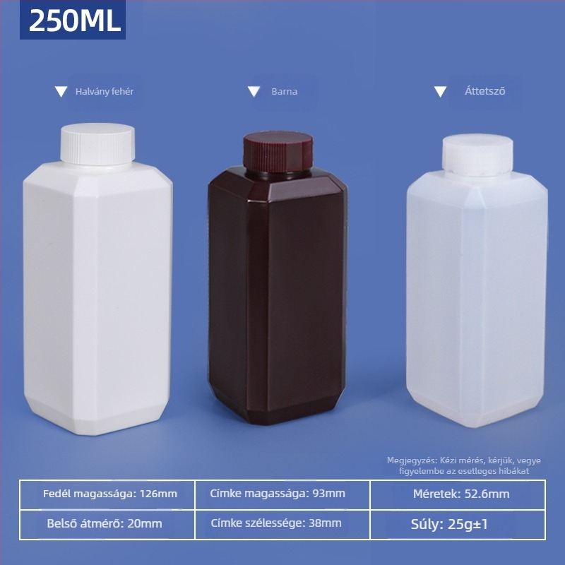 Kocka alakú műanyag palack kis nyakkal, zárható kozmetikai minta csomagolásához, HDPE, kapacitás 20–500 ml