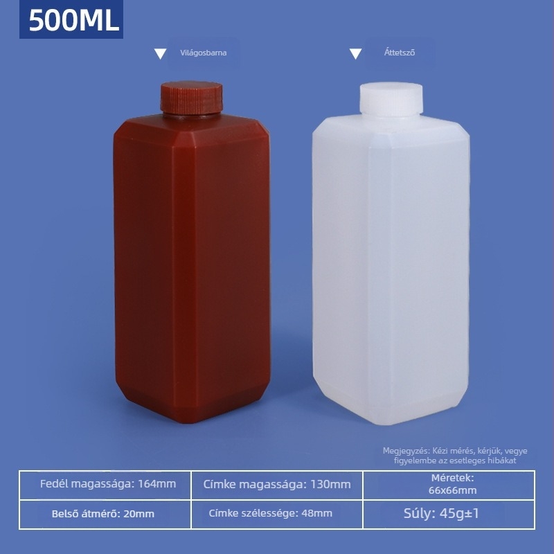 Kocka alakú műanyag palack kis nyakkal, zárható kozmetikai minta csomagolásához, HDPE, kapacitás 20–500 ml