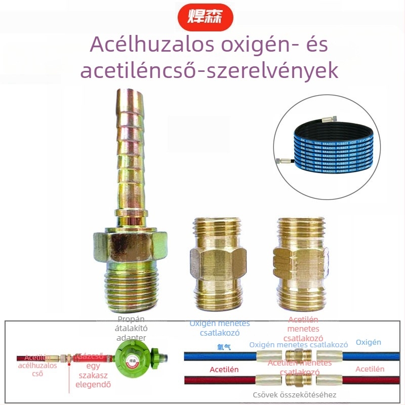 Acélhuzalos oxigéncső csatlakozó; acetilén/propán gázcső összekötője; réz csatlakozó