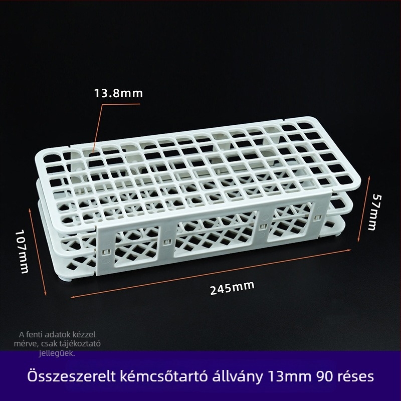 Szerelhető műanyag csőállvány, 30 mm-es nyílásokkal (21 db) és 18 mm-es nyílásokkal (44 db); centrifugáláshoz használható csőállvány mintákhoz.