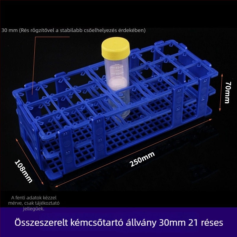 Szerelhető műanyag csőállvány, 30 mm-es nyílásokkal (21 db) és 18 mm-es nyílásokkal (44 db); centrifugáláshoz használható csőállvány mintákhoz.