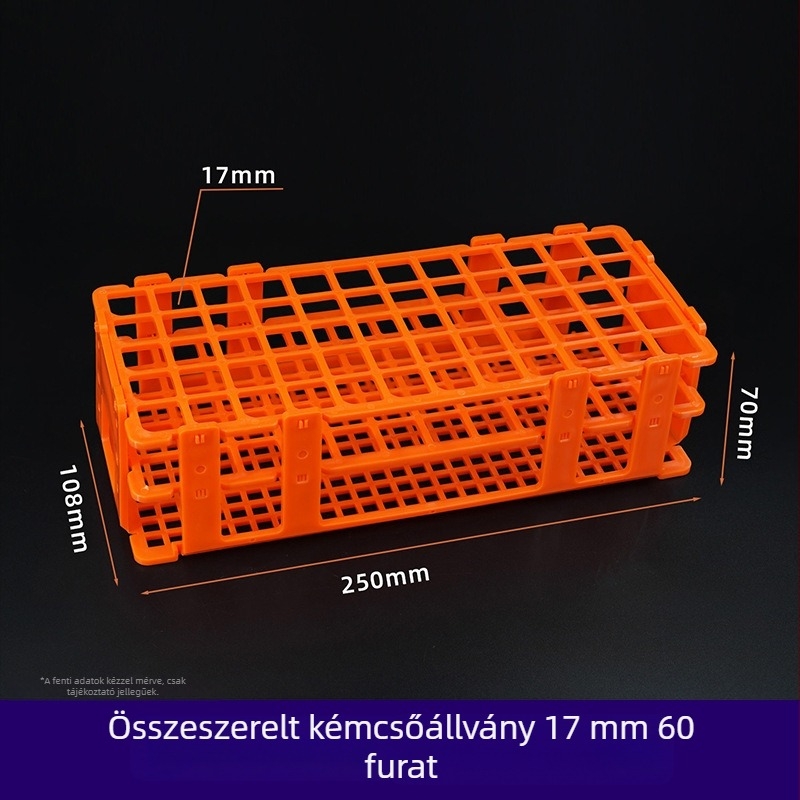 Szerelhető műanyag csőállvány, 30 mm-es nyílásokkal (21 db) és 18 mm-es nyílásokkal (44 db); centrifugáláshoz használható csőállvány mintákhoz.