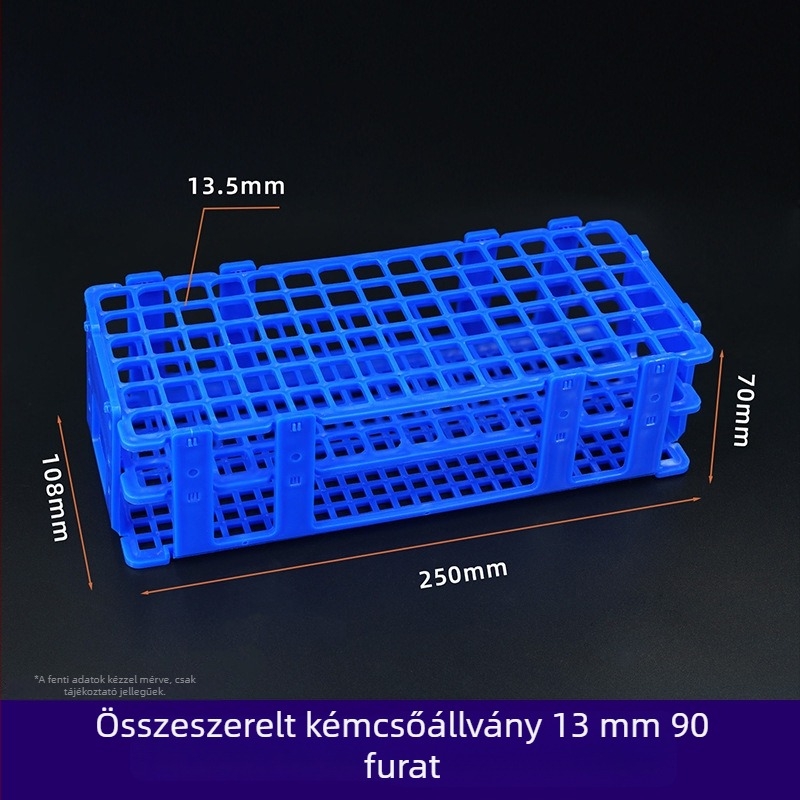 Szerelhető műanyag csőállvány, 30 mm-es nyílásokkal (21 db) és 18 mm-es nyílásokkal (44 db); centrifugáláshoz használható csőállvány mintákhoz.