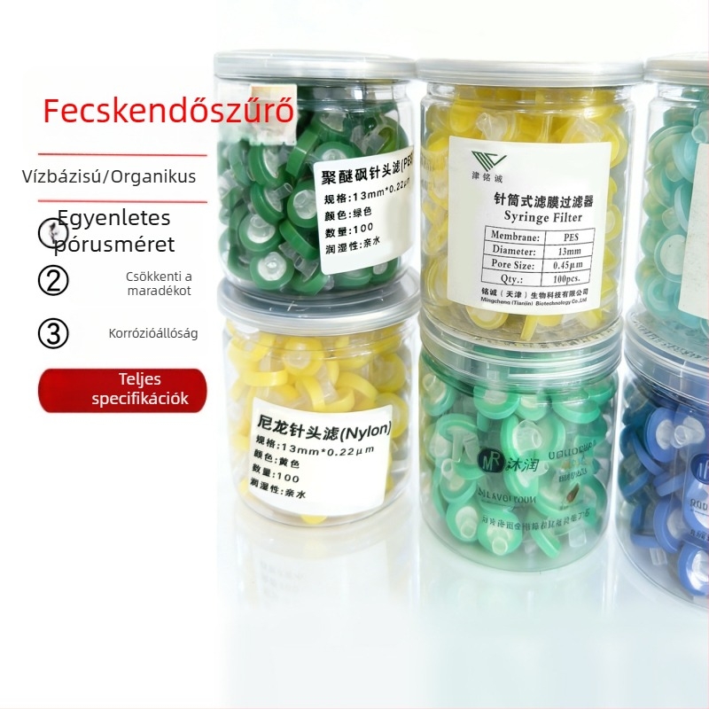 Tűtípusú szűrőmembrán, 13 mm, 0.22/0.45 μm mikroporózus, szerves és vízoldatokhoz, egyszer használatos párna típusú membrán