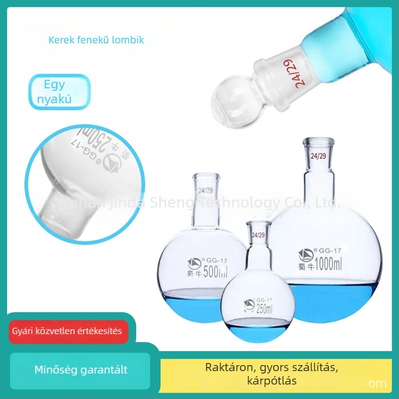 2000 ml-es egynyakú gömbölyű lombik desztillációhoz, vastagodott üveg sík aljjal, szabványos nyílás, reakciós mosóüveg, laboratóriumi pohár