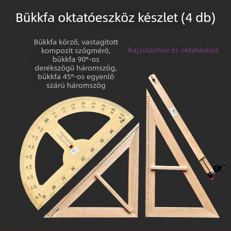 Nagy bükkfa oktatási háromszög félköríves szögmérővel és körzővel