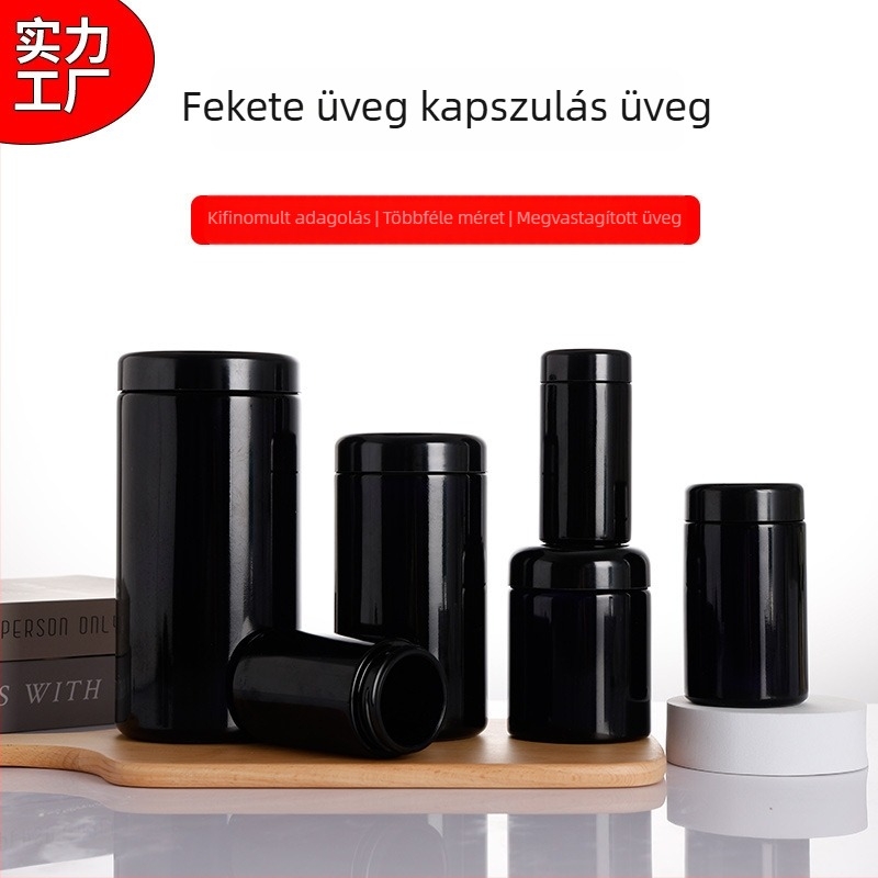 Fekete üveg kapszula palack, légmentesen záró fedéllel – tároló üveg szilárd gyógyszerek és kémiai reagensek számára, 100 ml