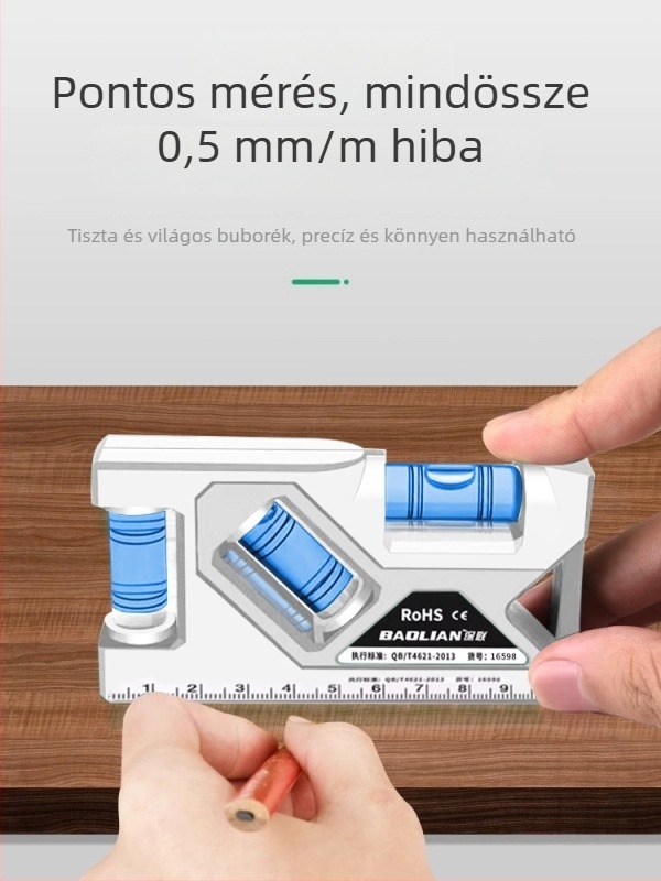 Mágneses vízszint otthoni használatra, szintező eszköz szögmérővel és mini vonalzóval