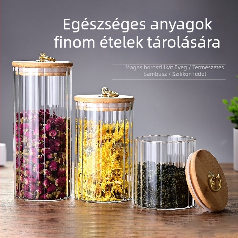 Csíkos boroszilikát üveg, lezárható tárolóedény fa fedéllel, konyhai és teás tároláshoz