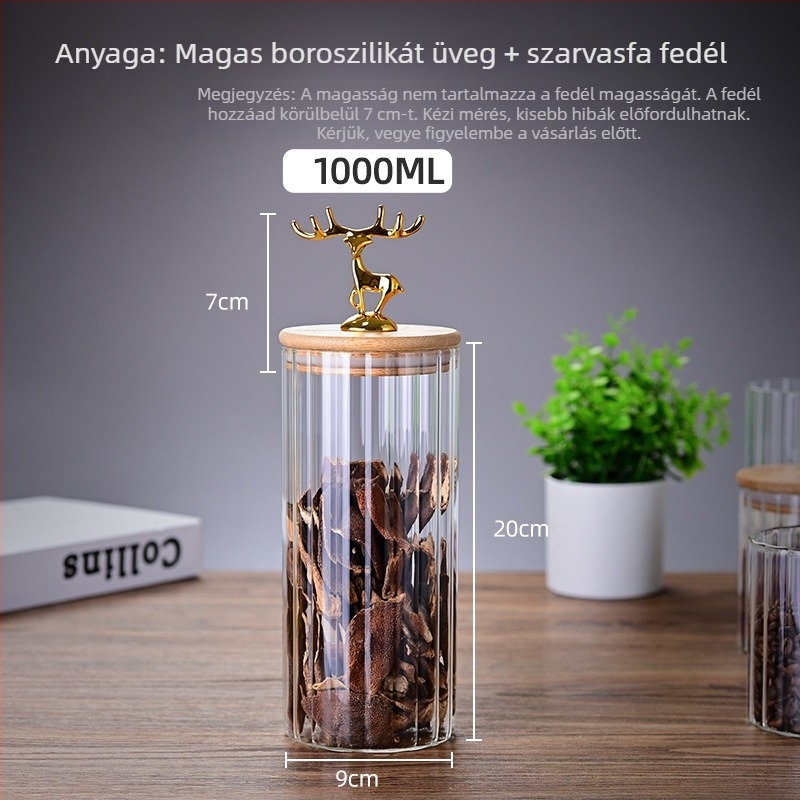 Csíkos boroszilikát üveg, lezárható tárolóedény fa fedéllel, konyhai és teás tároláshoz