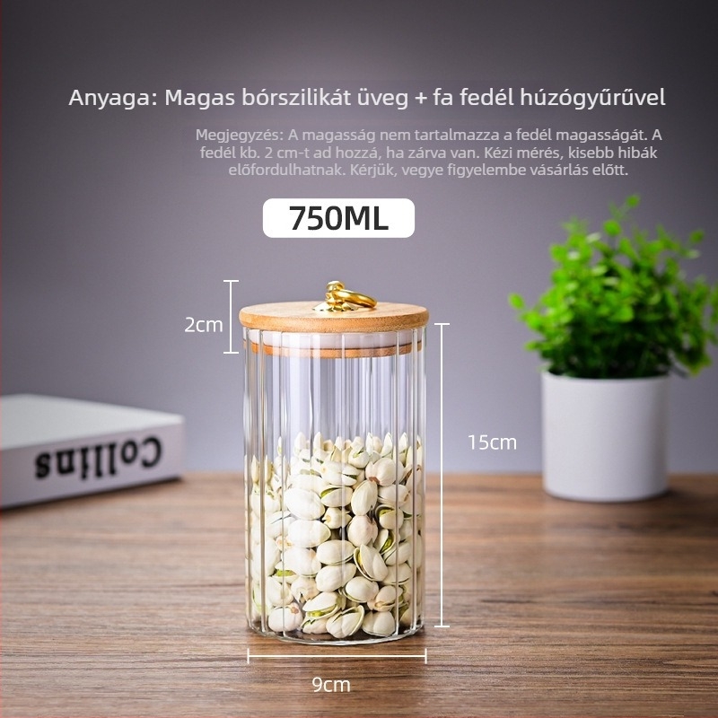 Csíkos boroszilikát üveg, lezárható tárolóedény fa fedéllel, konyhai és teás tároláshoz