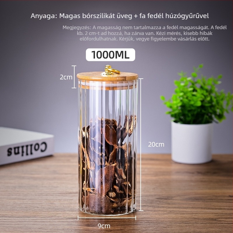 Csíkos boroszilikát üveg, lezárható tárolóedény fa fedéllel, konyhai és teás tároláshoz